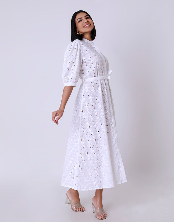 White Cut Lawn Maxi Dress with Belt