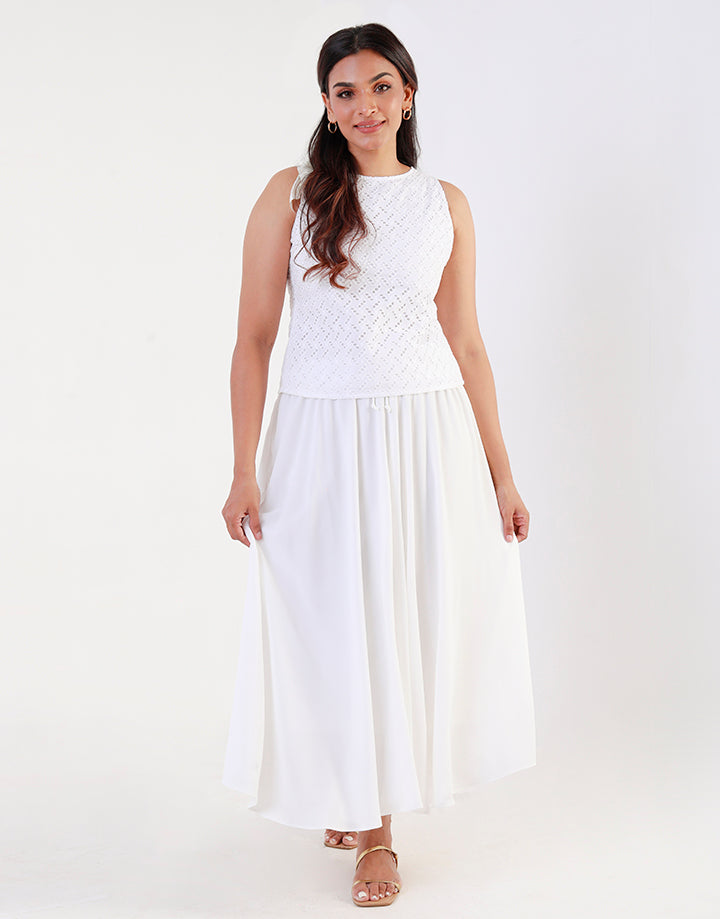 White Flared Skirt with String Bow