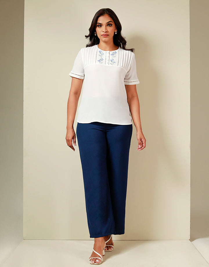 White Front Pintuck Top with Embroidery