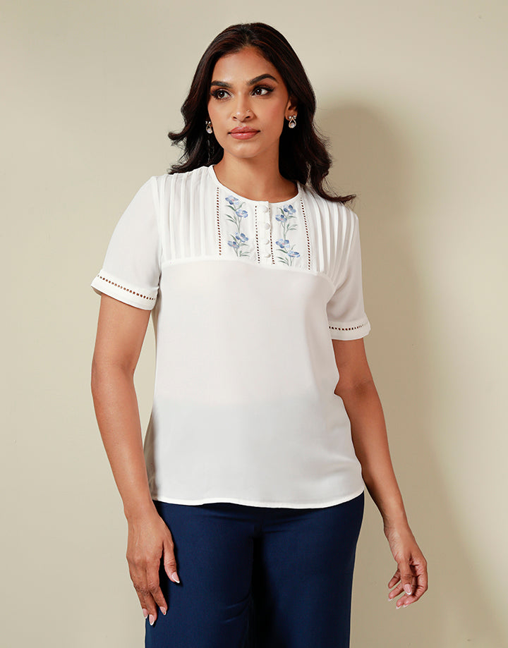 White Front Pintuck Top with Embroidery