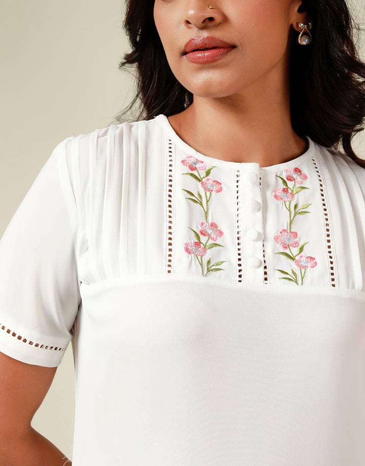 White Front Pintuck Top with Embroidery