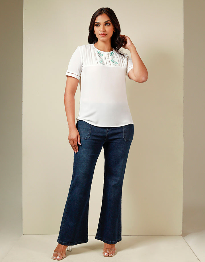 White Front Pintuck Top with Embroidery