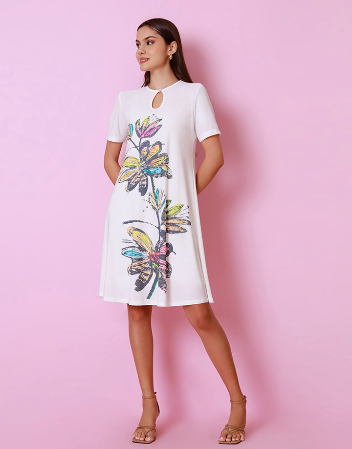 White Keyhole Opening Dress with Screen Print