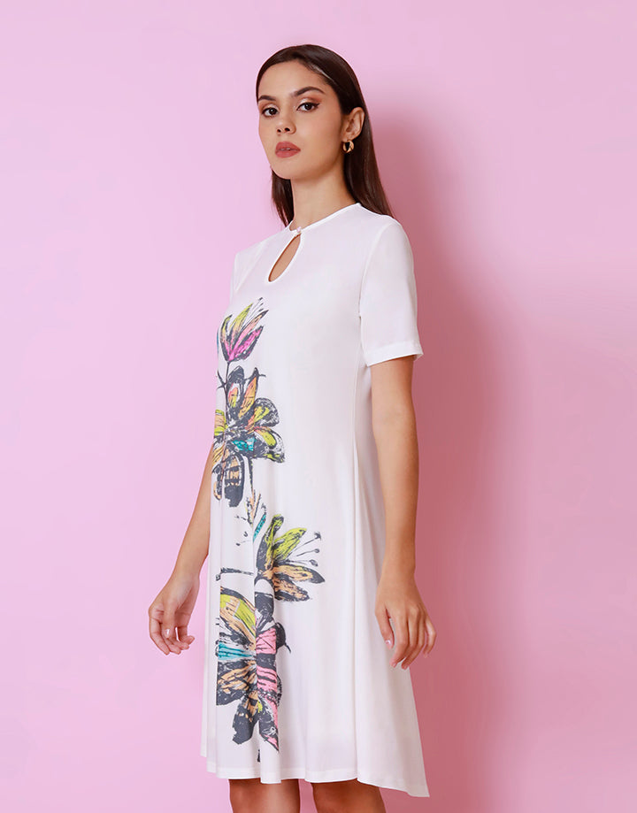 White Keyhole Opening Dress with Screen Print