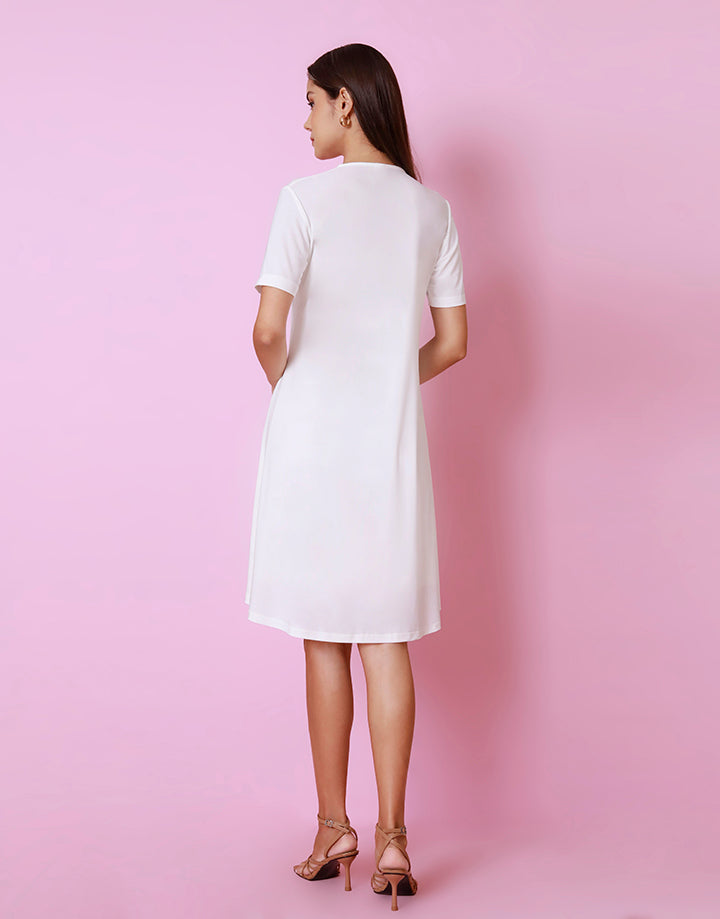 White Keyhole Opening Dress with Screen Print