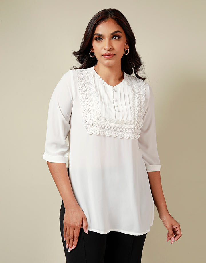 White Lace Work Kurtha with ¾ Sleeves