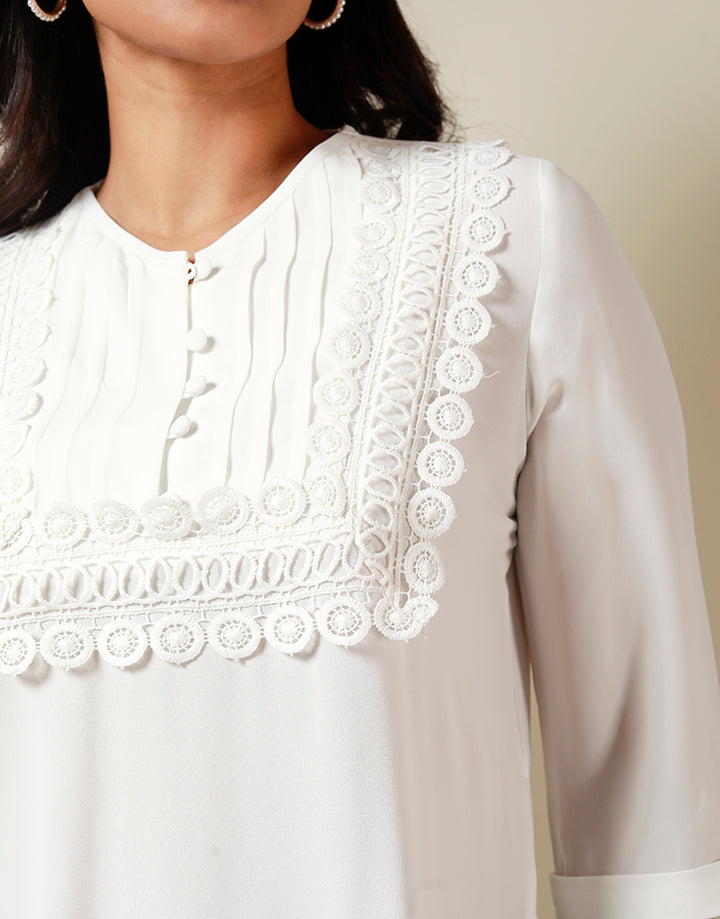 White Lace Work Kurtha with ¾ Sleeves