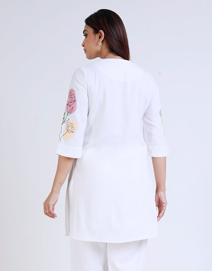 White Linen Split Neck Kurtha with Screen Print