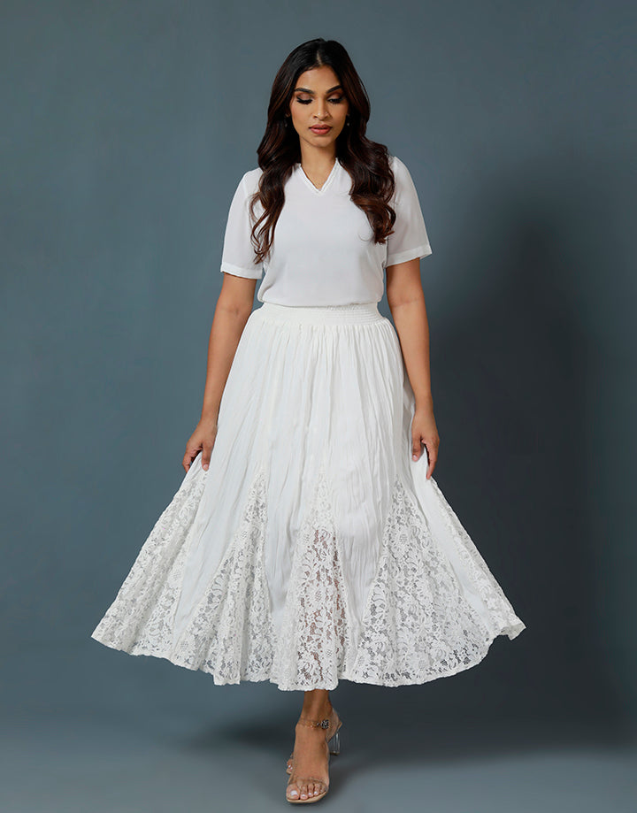 White Midaxi Skirt with Lace Inserts