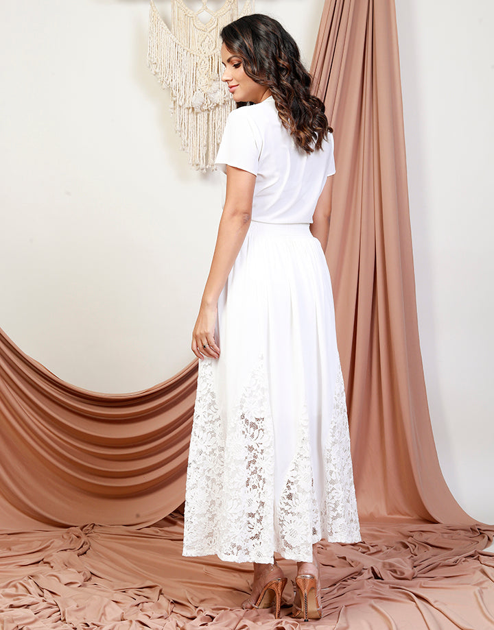 White Midi Skirt with Lace Inserts