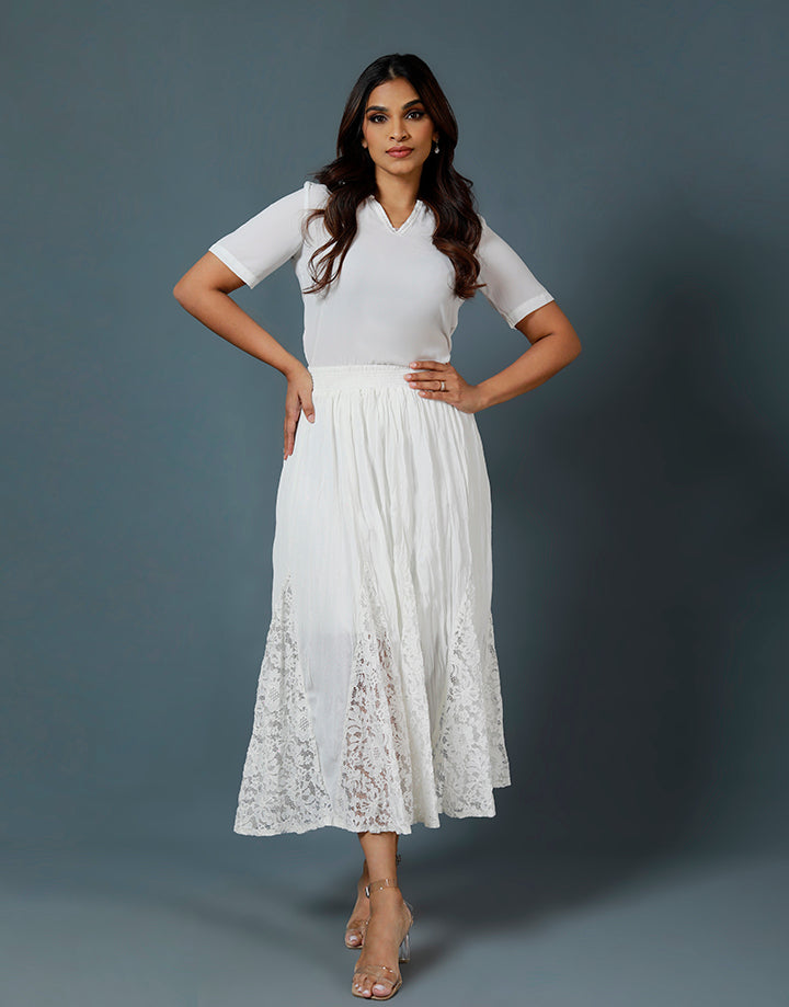 White Midaxi Skirt with Lace Inserts