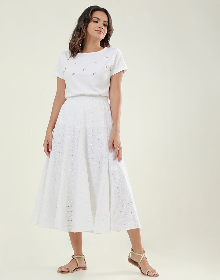 White Midi Skirt in Cut Lawn