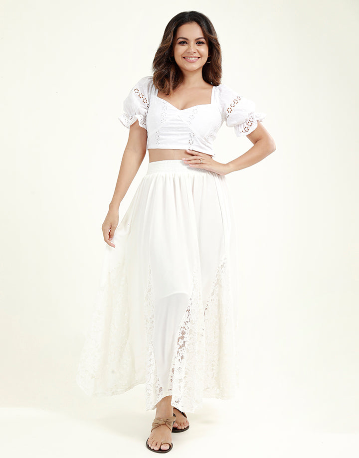 White Midi Skirt with Lace Inserts