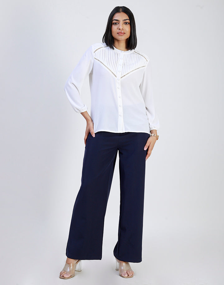 White Round Neck Blouse With Pintuck