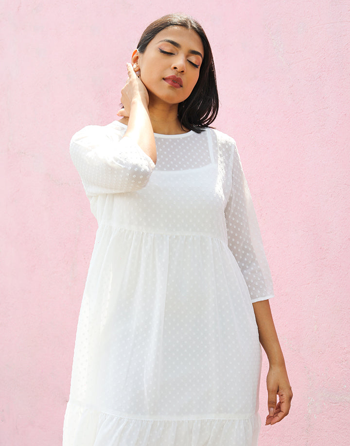 White Round Neck Dress with Frill Hem