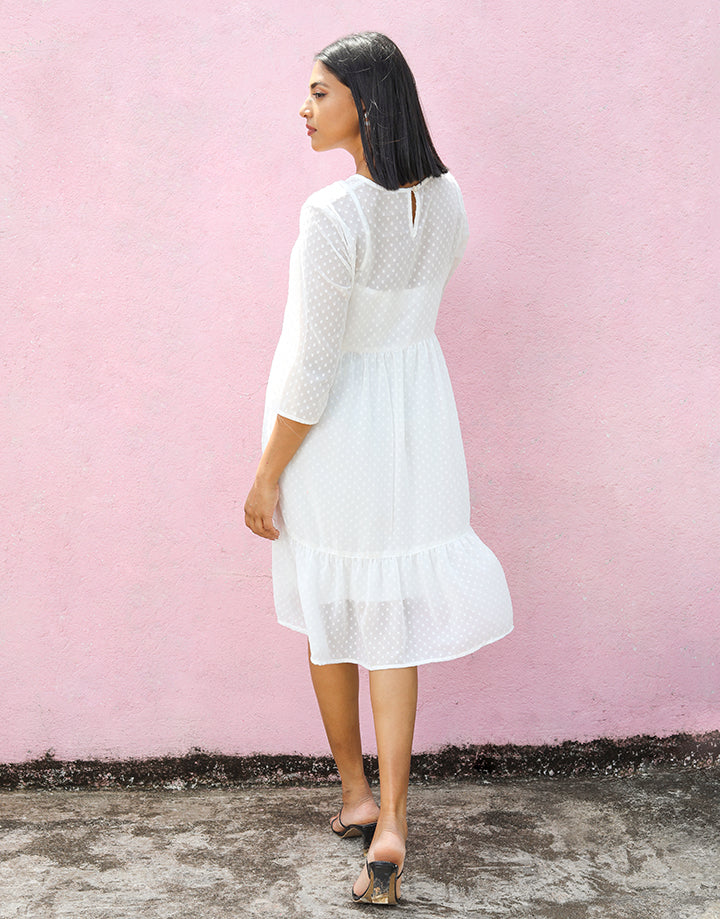 White Round Neck Dress with Frill Hem