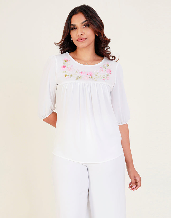 White Round Neck Top with Shadow Work