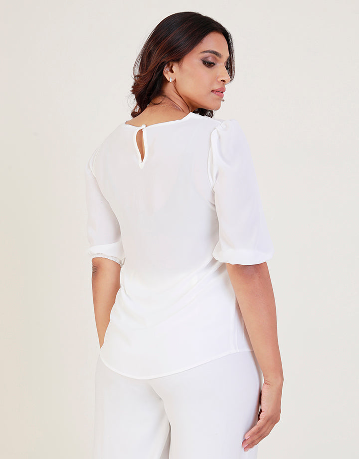 White Round Neck Top with Shadow Work