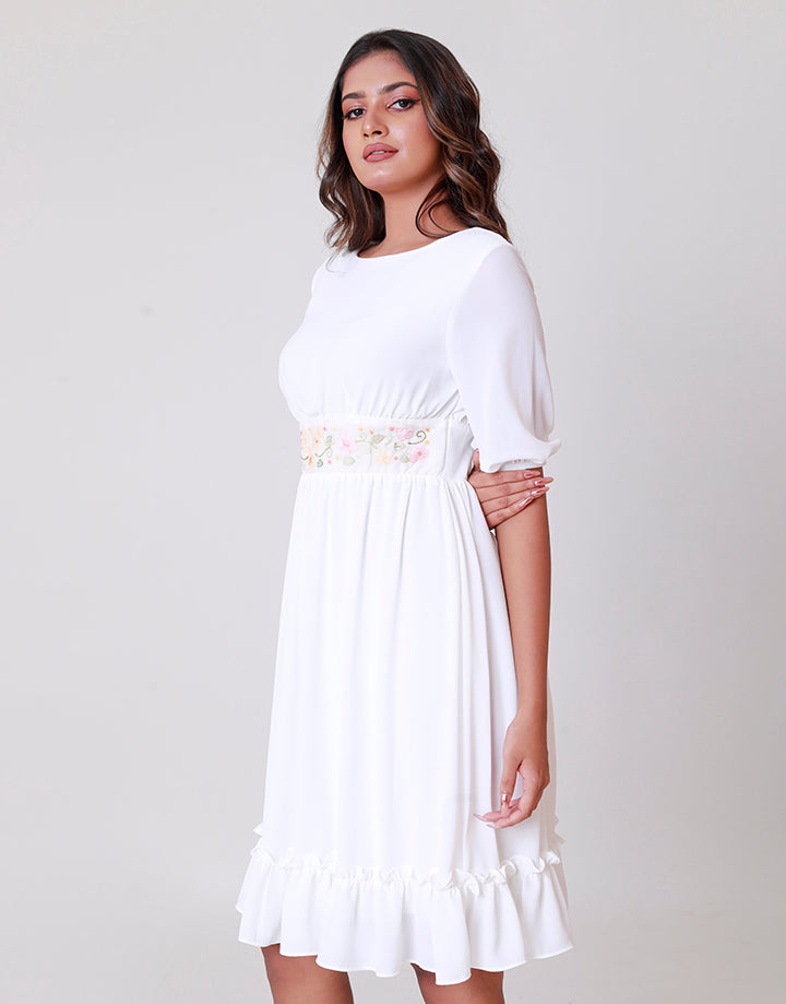 White Shadow Work Dress with Frill Hem