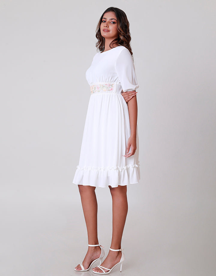 White Shadow Work Dress with Frill Hem