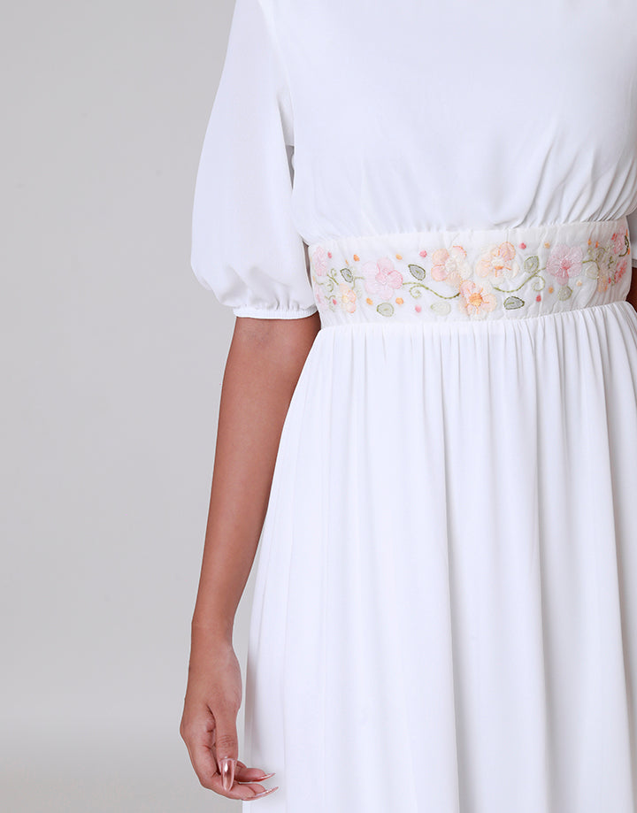 White Shadow Work Dress with Frill Hem