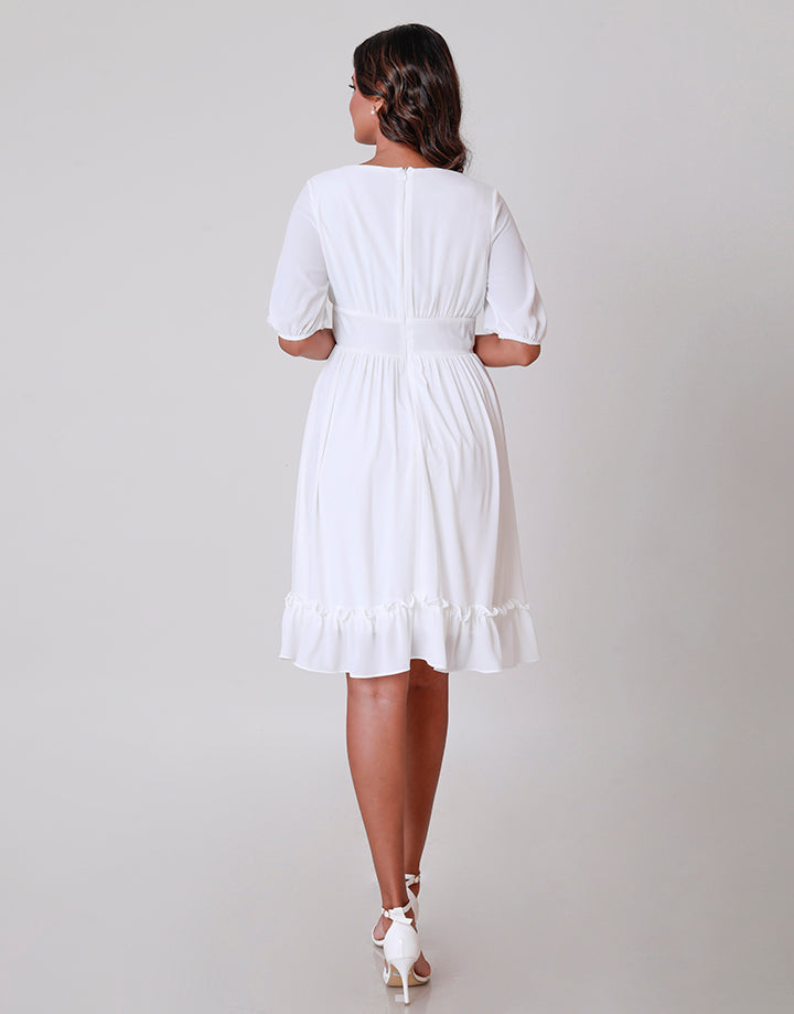 White Shadow Work Dress with Frill Hem