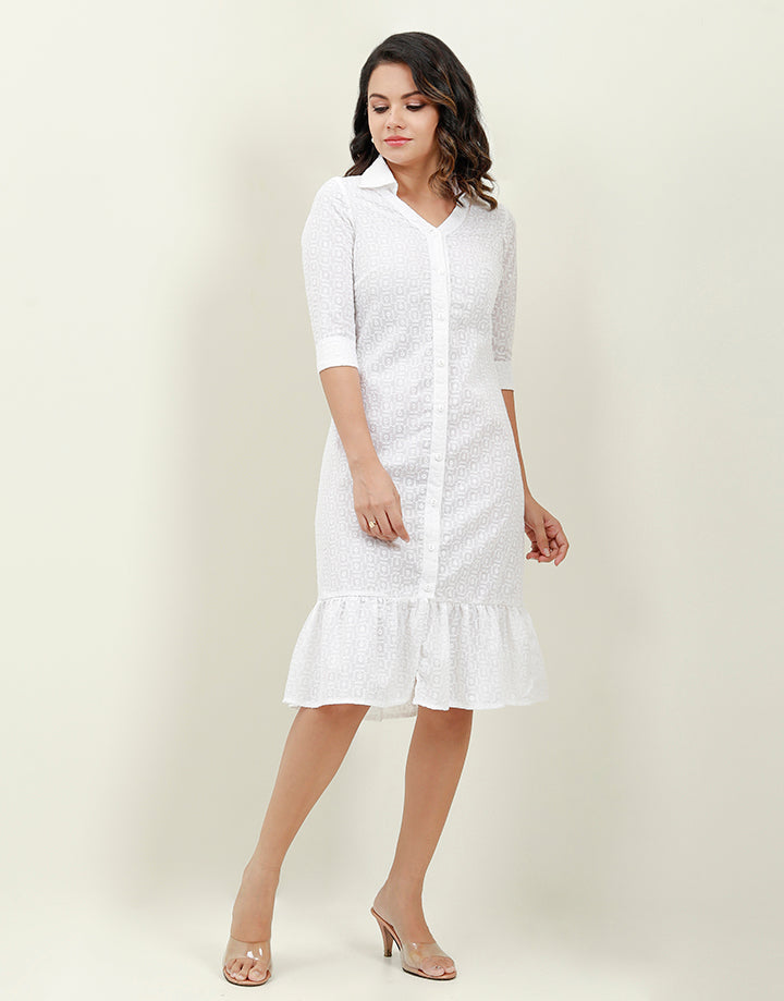 White Shirt Dress with Frilled Hem