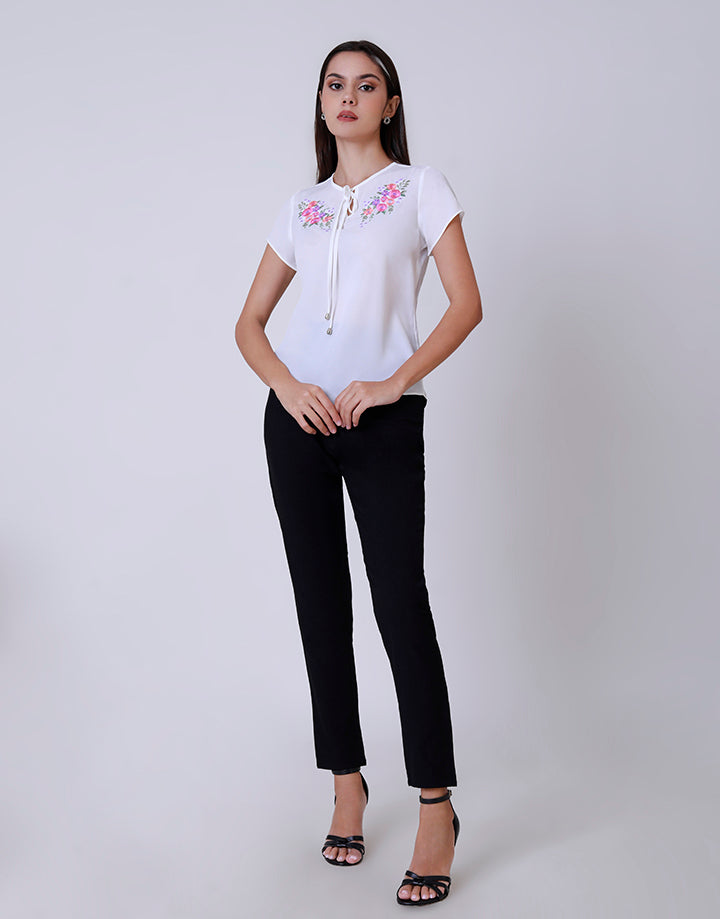 White Short-Sleeved Embroidered Top