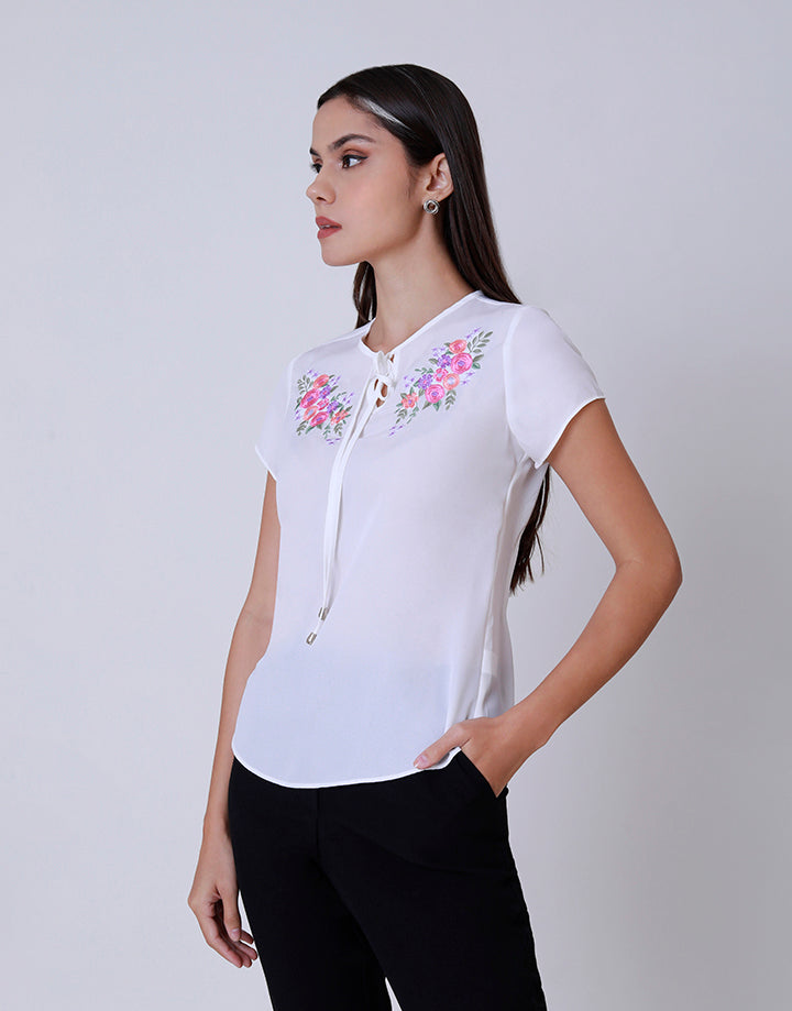 White Short-Sleeved Embroidered Top