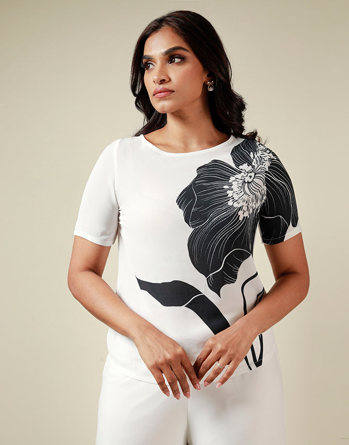 White Short Sleeves Top with Sublimation Print