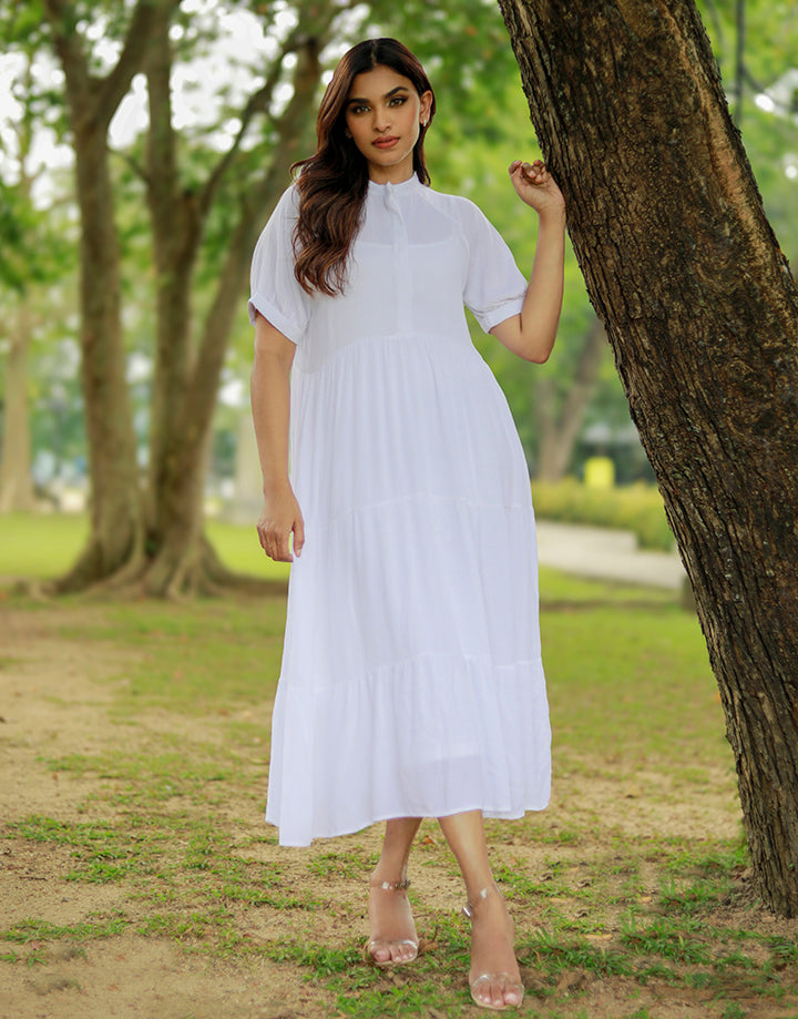 White Tiered Midi Dress with Front Buttons – Spring Summer