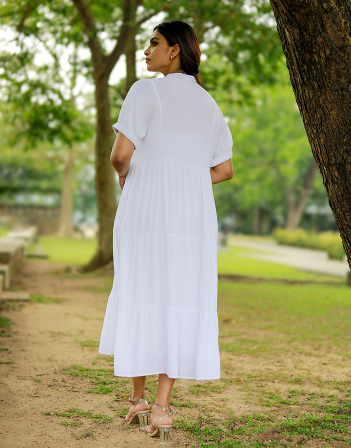 White Tiered Midi Dress with Front Buttons