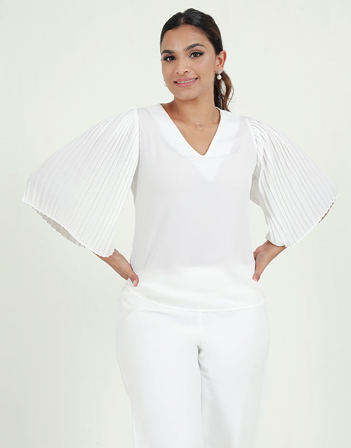 White V-Neck Blouse with Flared Sleeves