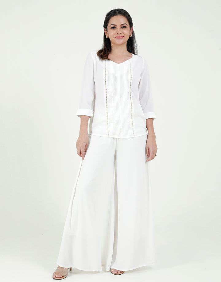 White V-Neck Blouse with Pintucks