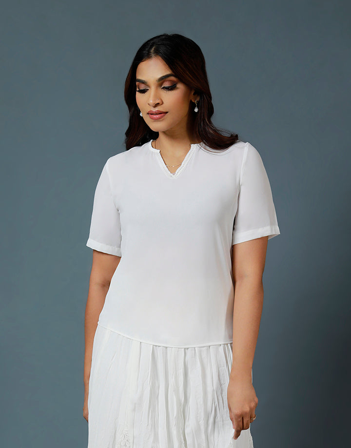 White V-Neck Top with Short Sleeves