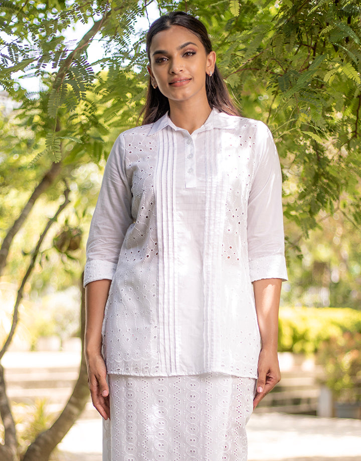 White Kurtha with Cut Lawn and Pintucks