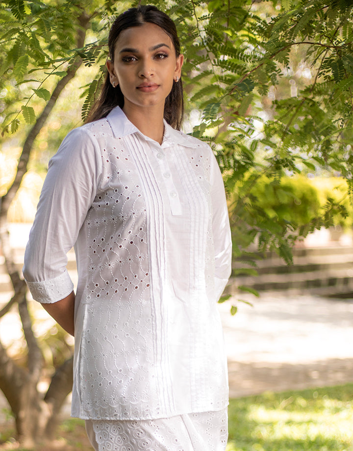 White Kurtha with Cut Lawn and Pintucks