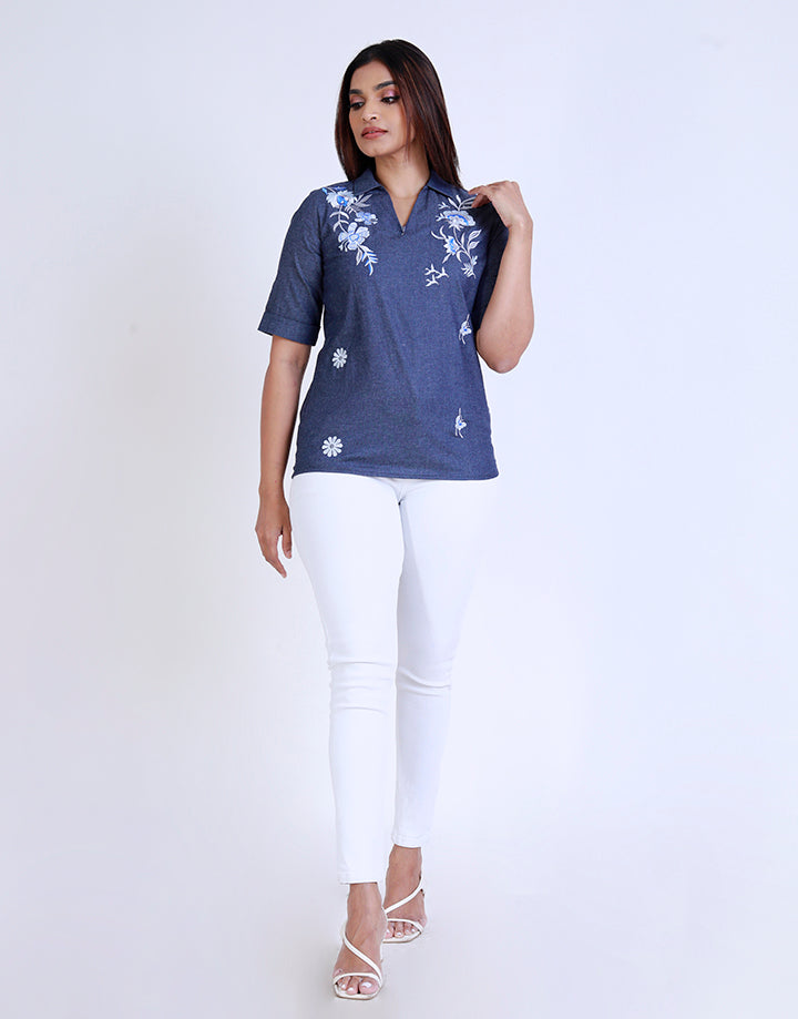 Chambray Collared Top with Embroidered