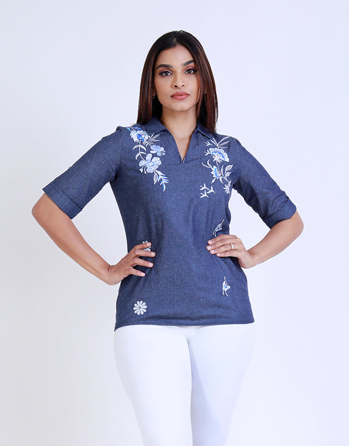 Chambray Collared Top with Embroidered