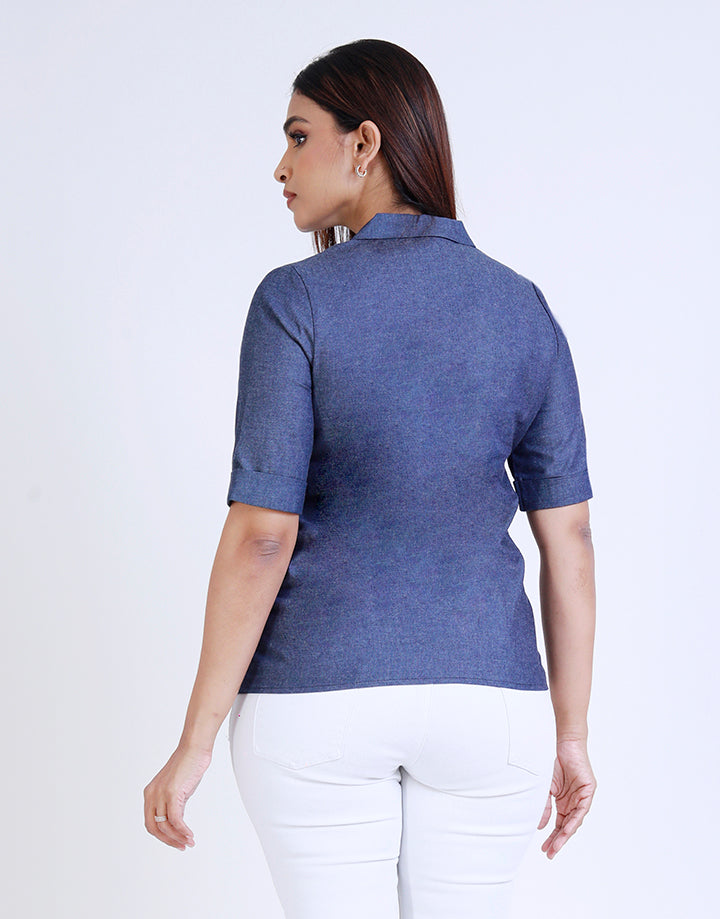 Chambray Collared Top with Embroidered