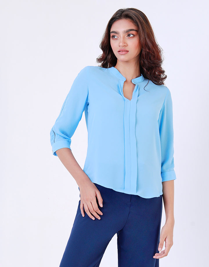 Mandarin Collar Top with Front Box Pleat