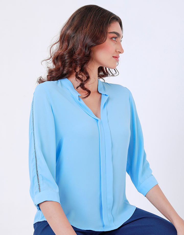 Mandarin Collar Top with Front Box Pleat