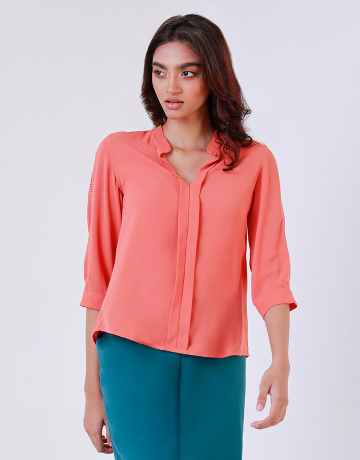 Mandarin Collar Top with Front Box Pleat