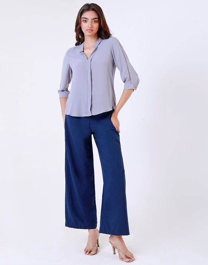 Mandarin Collar Top with Front Box Pleat