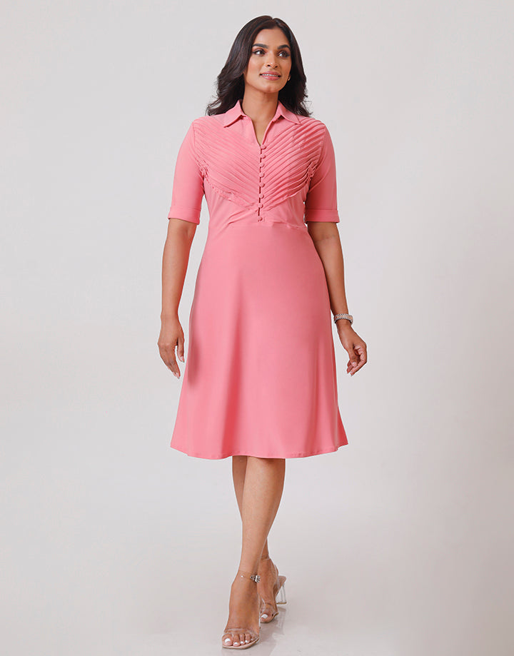 Pintucked Dress with Folded Sleeves