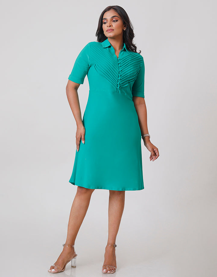 Pintucked Dress with Folded Sleeves