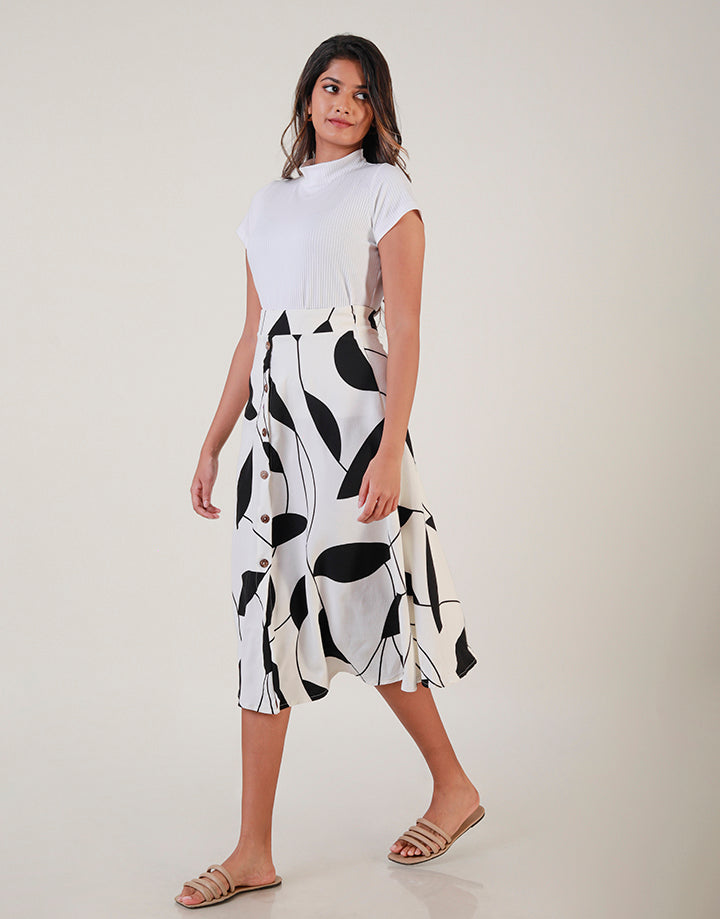 Printed Button Detailed Midi Skirt