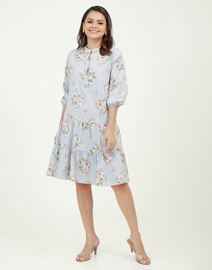 ¾ Sleeves Dress with Chinese Collar