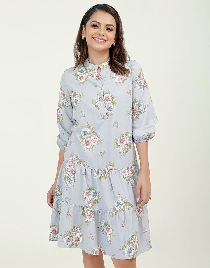 ¾ Sleeves Dress with Chinese Collar