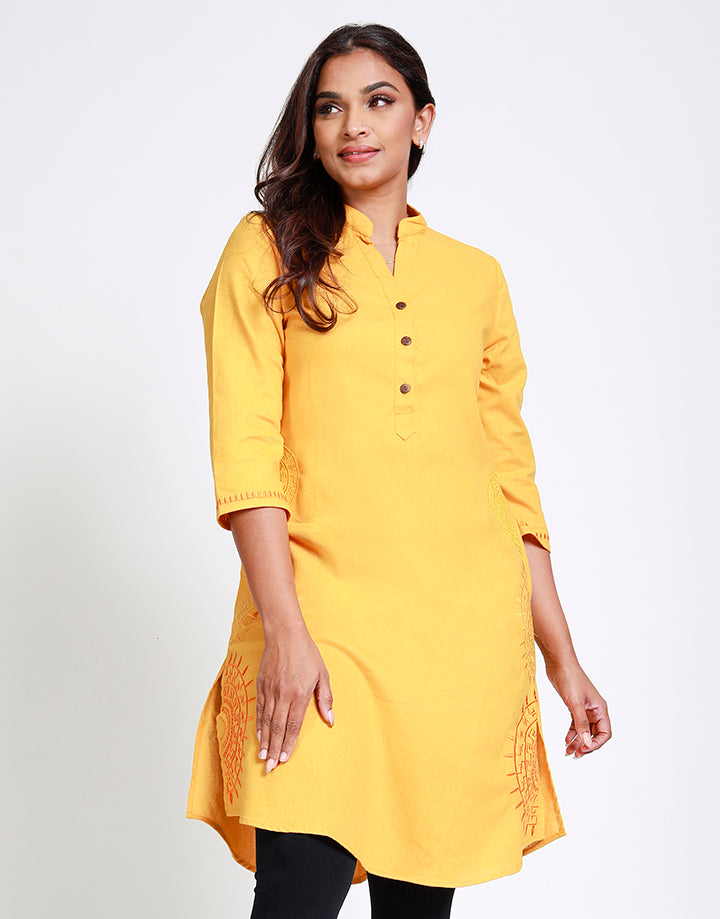 ¾ Sleeves Linen Kurtha with Embroidery